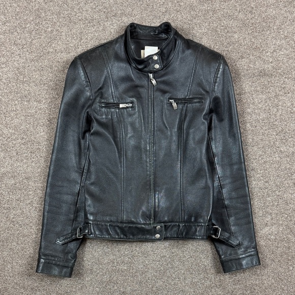 Vintage Hugo Buscati Black Leather Moto Biker Jacket Distressed Patina Women’s M